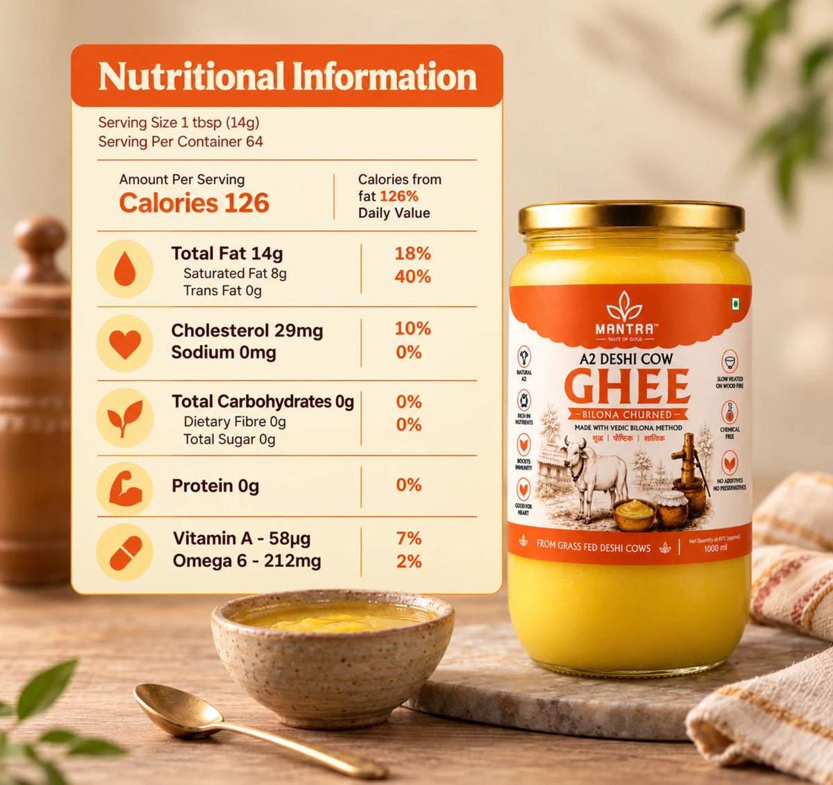 Desi Cow Ghee — A2 Bilona Method (1000ml)